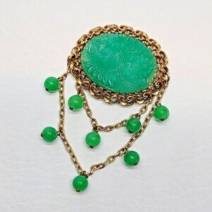 Apple Green Faux Jade Peking Czech Glass Brooch Pin Golden Floral Beads & Chains